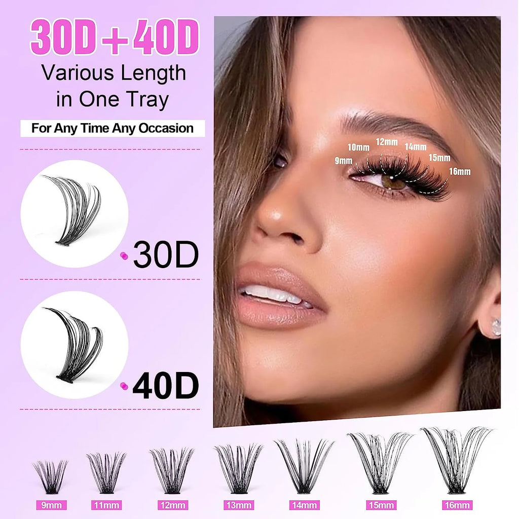 Mixed package of DIY cluster false eyelashes showing 30D and 40D densities with tweezers