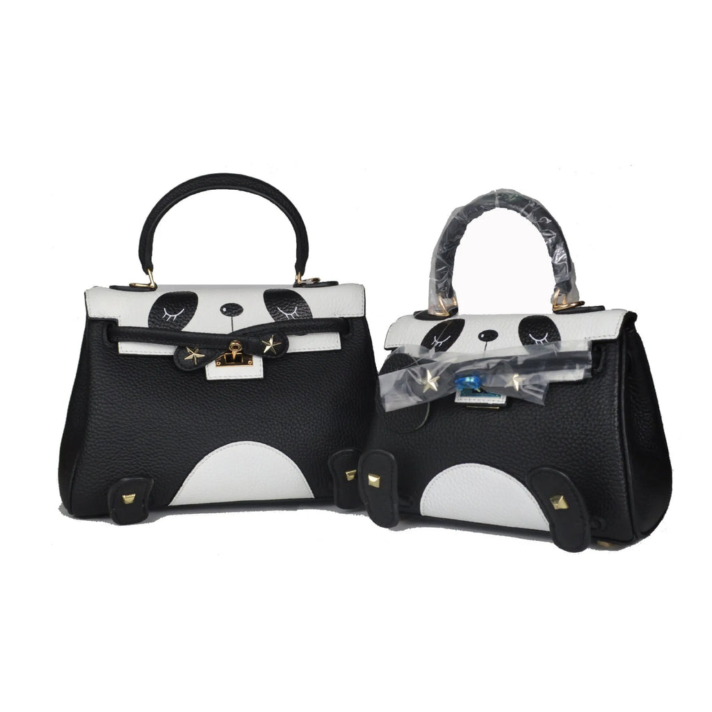 Ladies panda handbag in cow leather with animal print pattern available in two sizes
