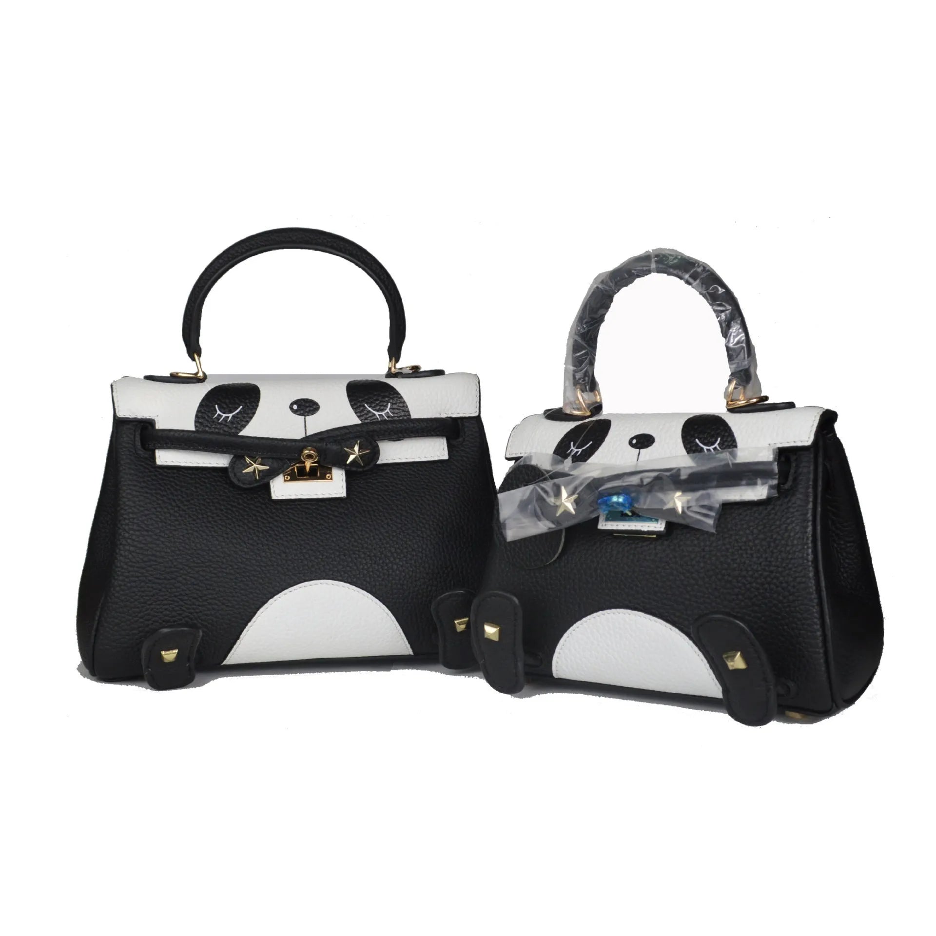 Ladies panda handbag in cow leather with animal print pattern available in two sizes