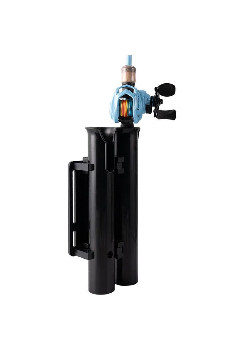 Plastic fishing rod rack with double-layer frame and pipe clamp for bicycle and motorcycle mounting
