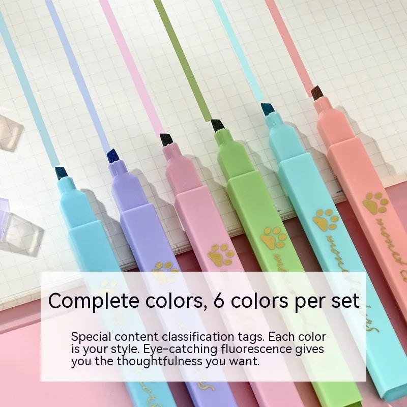 Cat's Paw fluorescent marking pen set showing six pens with oblique heads in different colours, packaged in a box.