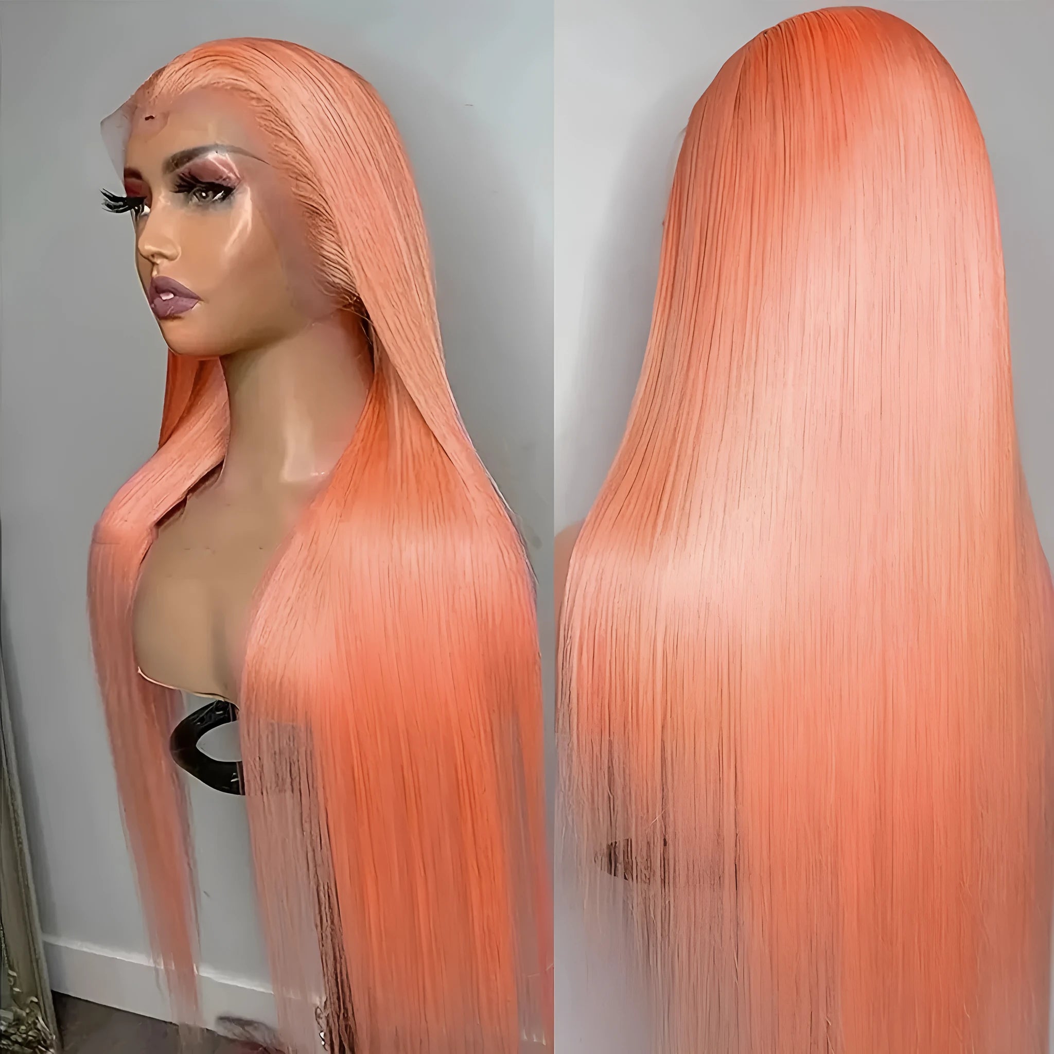 Light orange long straight synthetic wig with front lace hairline and side bangs