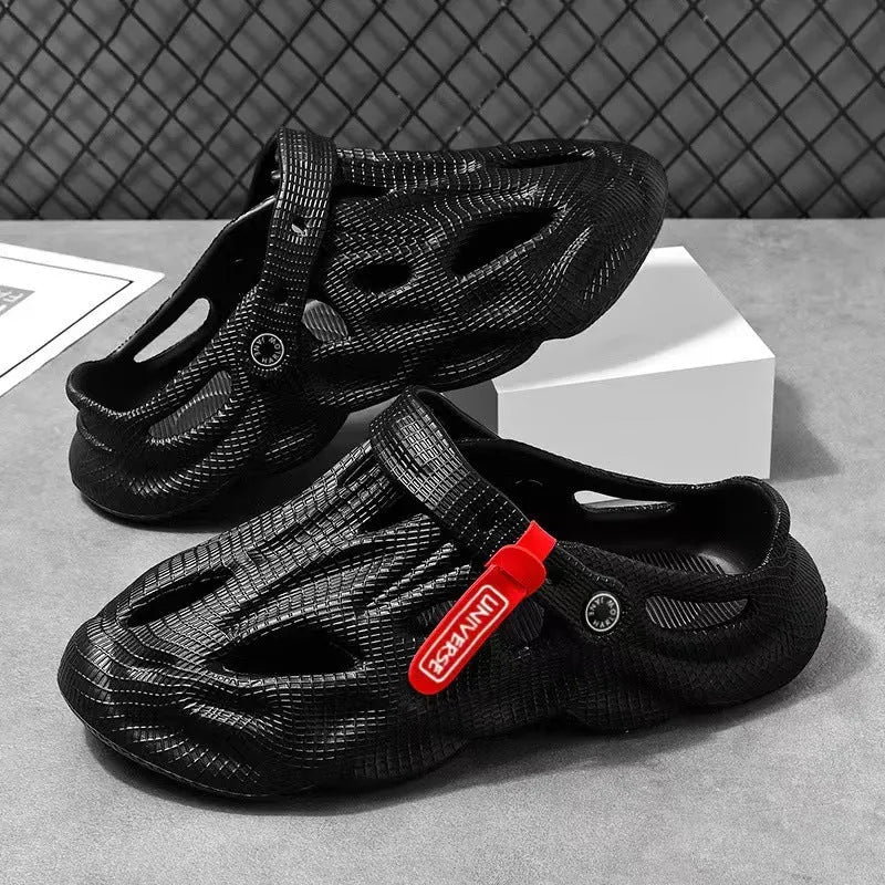 Men's grey EVA slippers with closed toe and breathable hole design on foot
