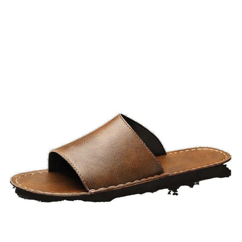 Men's brown leather casual sandals with rubber soles for outdoor spring and summer wear