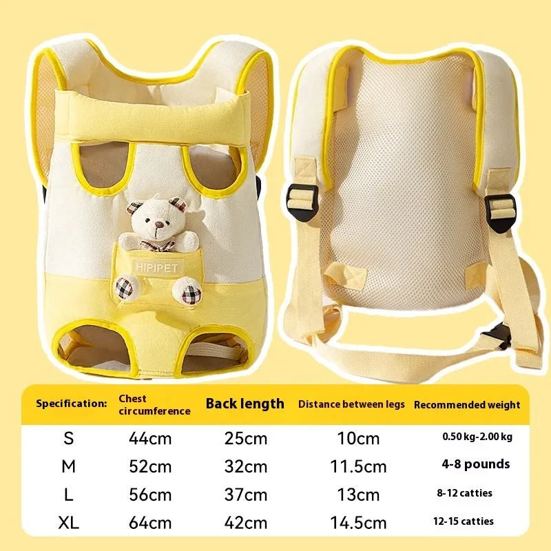 Canvas cat carrier bag with yellow bear cartoon pattern and colourful stitching in S, M, L, XL sizes