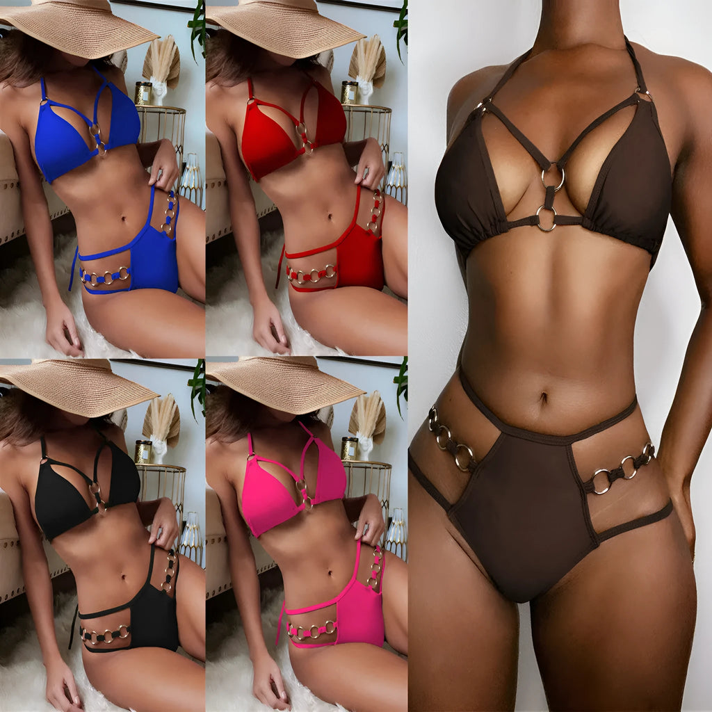 Women's pure colour separated swimwear set in nylon with bikini and shorts