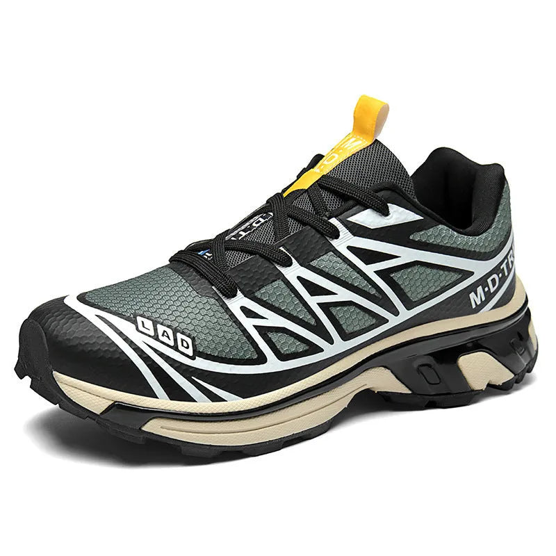 Men's and women's low-top artificial leather hiking shoes in khaki with lace-up front and flat rubber sole