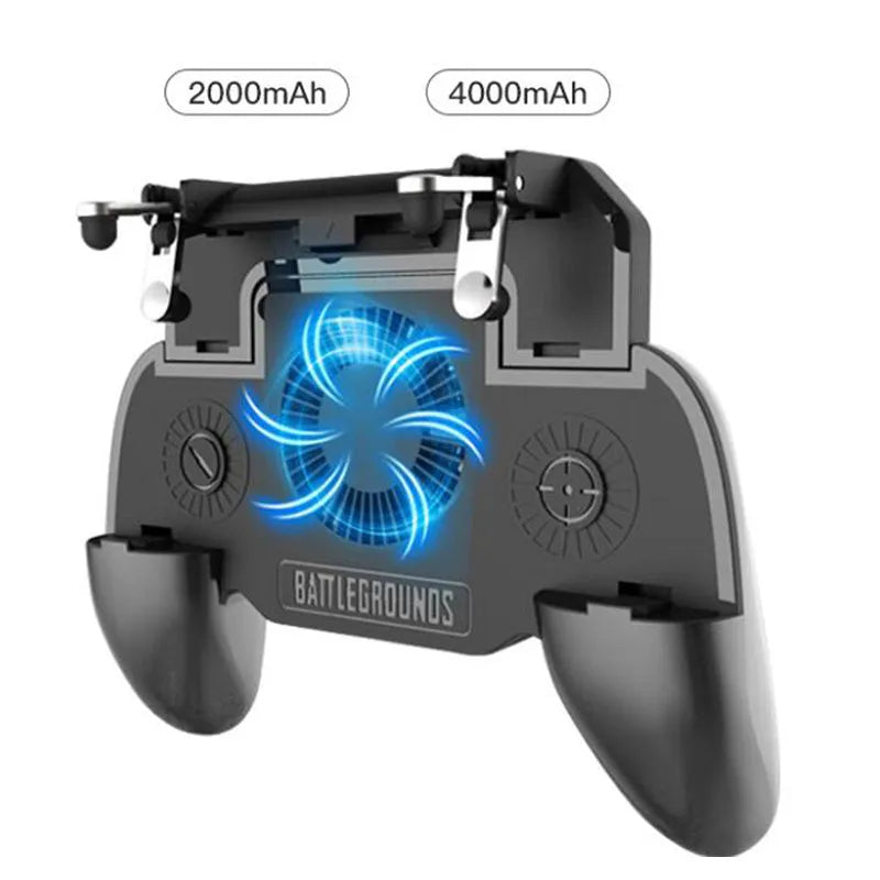 Black USB mobile game controller for smartphones with aluminium alloy trim and labelled action buttons.