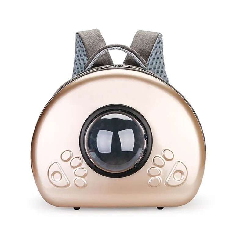 Transparent space capsule pet carrier bag for cats in rose gold, luxury silver, or champagne gold.