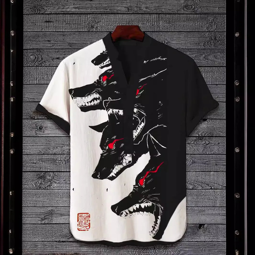 Man wearing a short sleeve shirt with a vivid 3D digital print of an animal graphic.