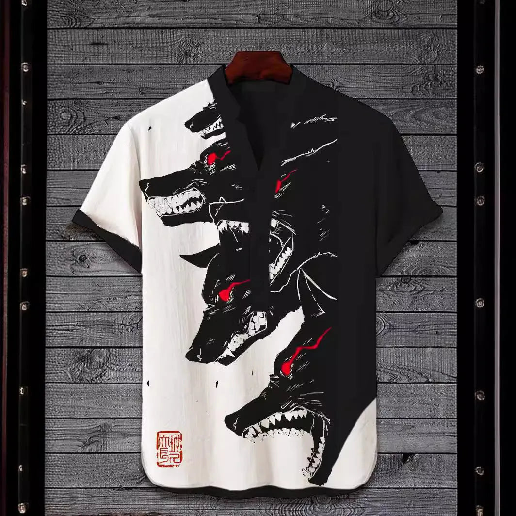 Man wearing a short sleeve shirt with a vivid 3D digital print of an animal graphic.