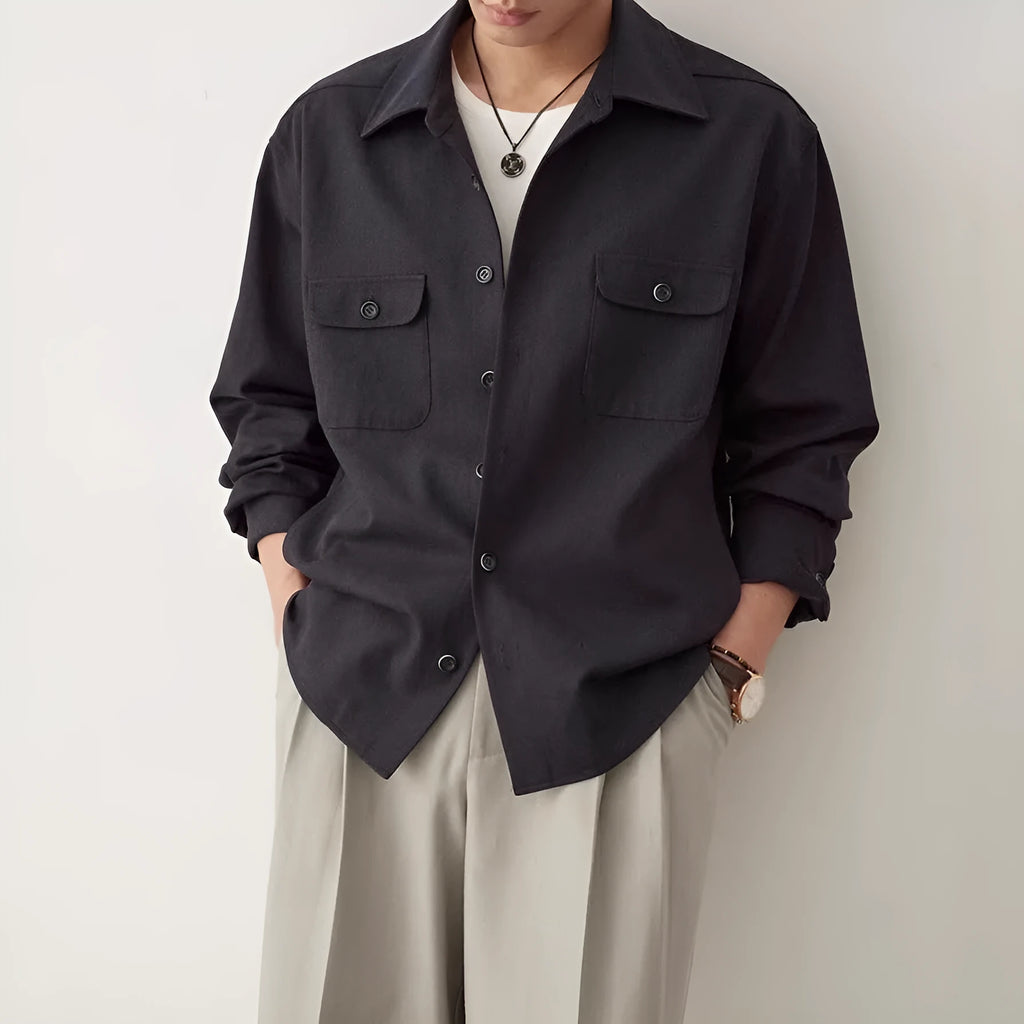 Men's cotton blend shirt with lapel collar in light sand rice and nautilidae colours, showing long sleeves