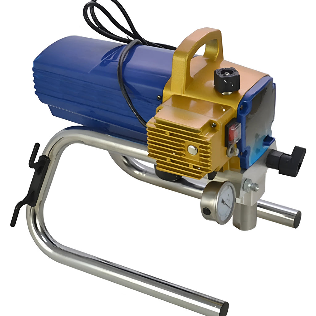 Blue 110V electric airless paint spraying machine with spray gun, hose, extension rod, and accessories on a work surface