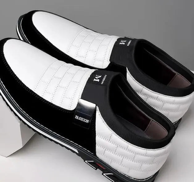 Men's casual leather shoes in blue, black, and brown colours showing low-top design with detailed size chart