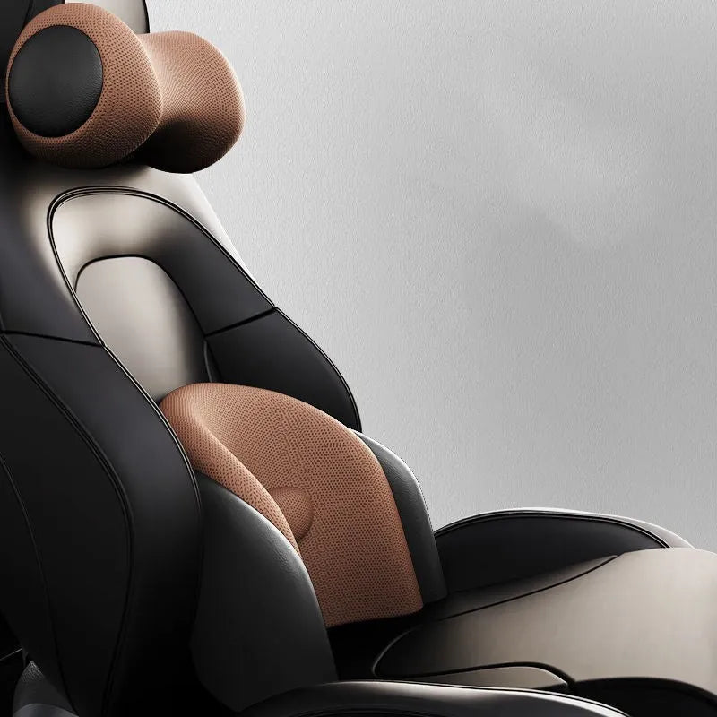 Car seat electric massage cushion and headrest in memory foam, shown in grey colour.