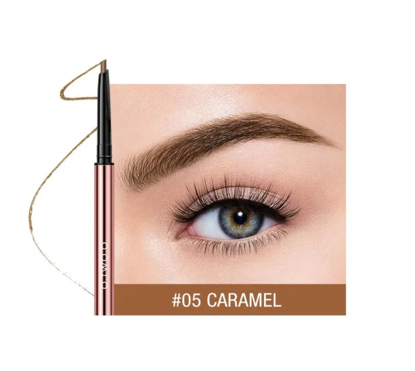 Eyebrow makeup pencil in colour box with six shade options including Auburn and Taupe.