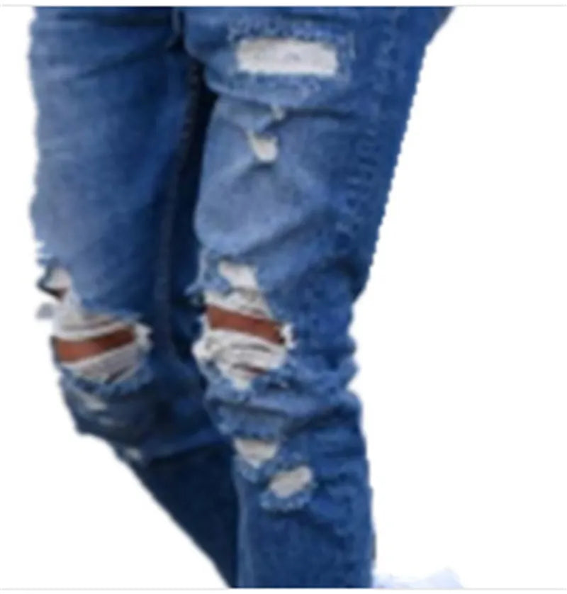 Men's blue cotton jeans with hole detailing showing front and back views