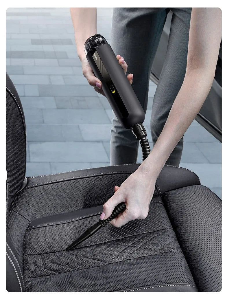 Baseus handheld wireless car vacuum cleaner in black, white, or green with blowing hose attachment