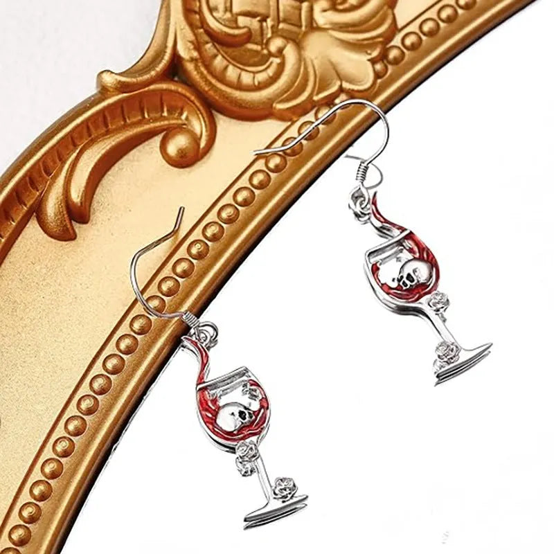 Zinc alloy skull wine glass earrings with electroplated finish geometric Halloween design