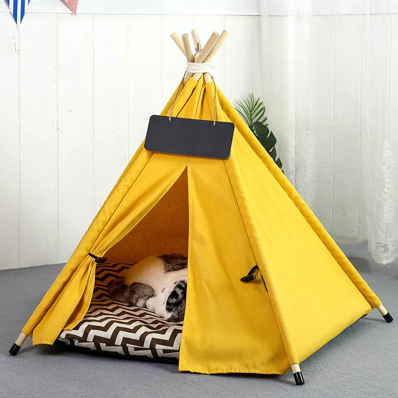 Striped flax and linen pet teepee tent with removable cushion for small dogs or cats.