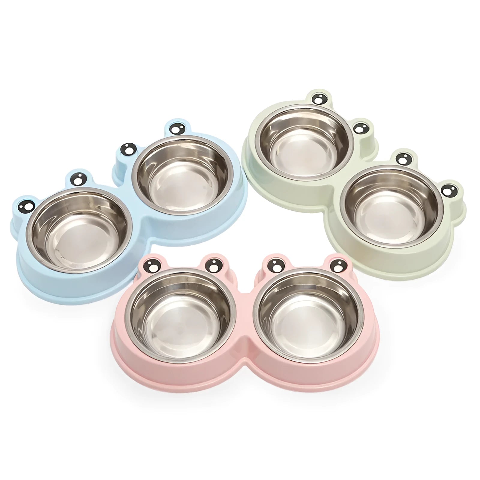 Stainless steel pet bowl with frog design and two compartments for food and water
