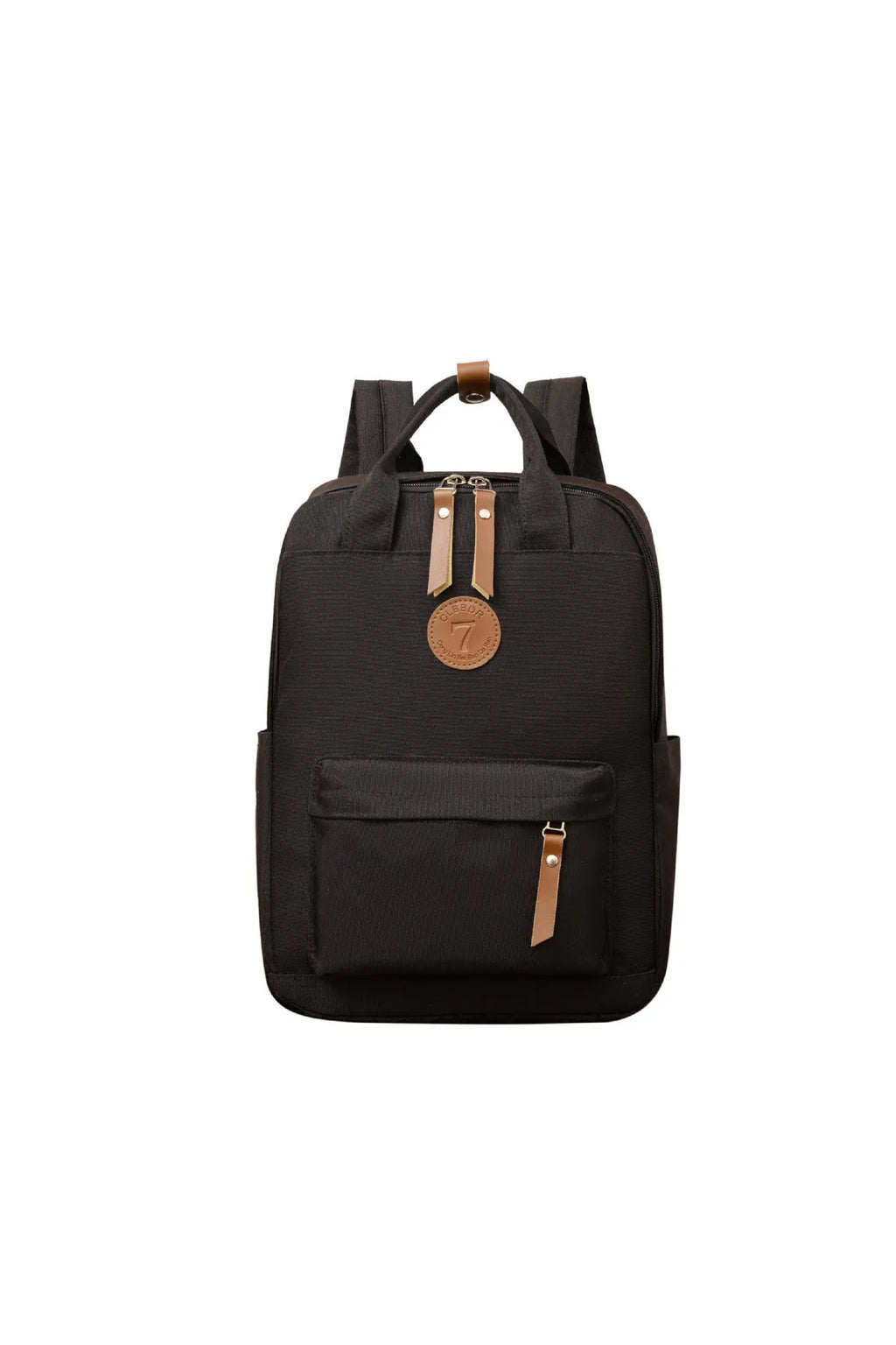 Black Oxford cloth retro-style backpack with curved shoulder straps and sewing thread details