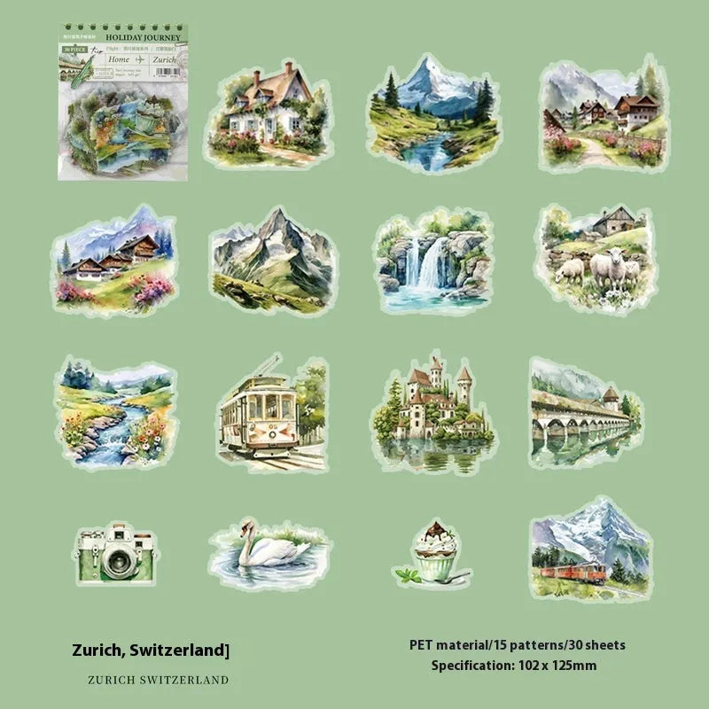 Holiday Journey Series architecture journal stickers in retro style showing six international landmark designs