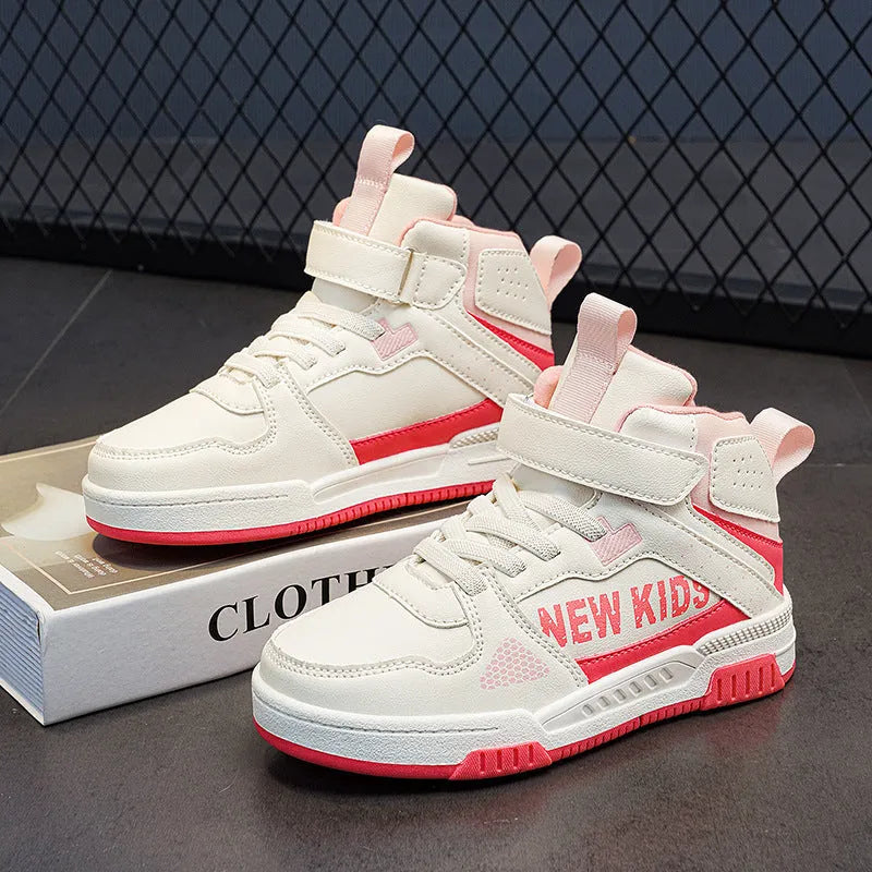 Children's street sneakers with letter pattern PU upper and rubber sole showing buckle closure