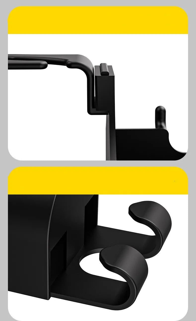 Black plastic car seat back organiser with cup holder and hook measuring 8.5cm wide