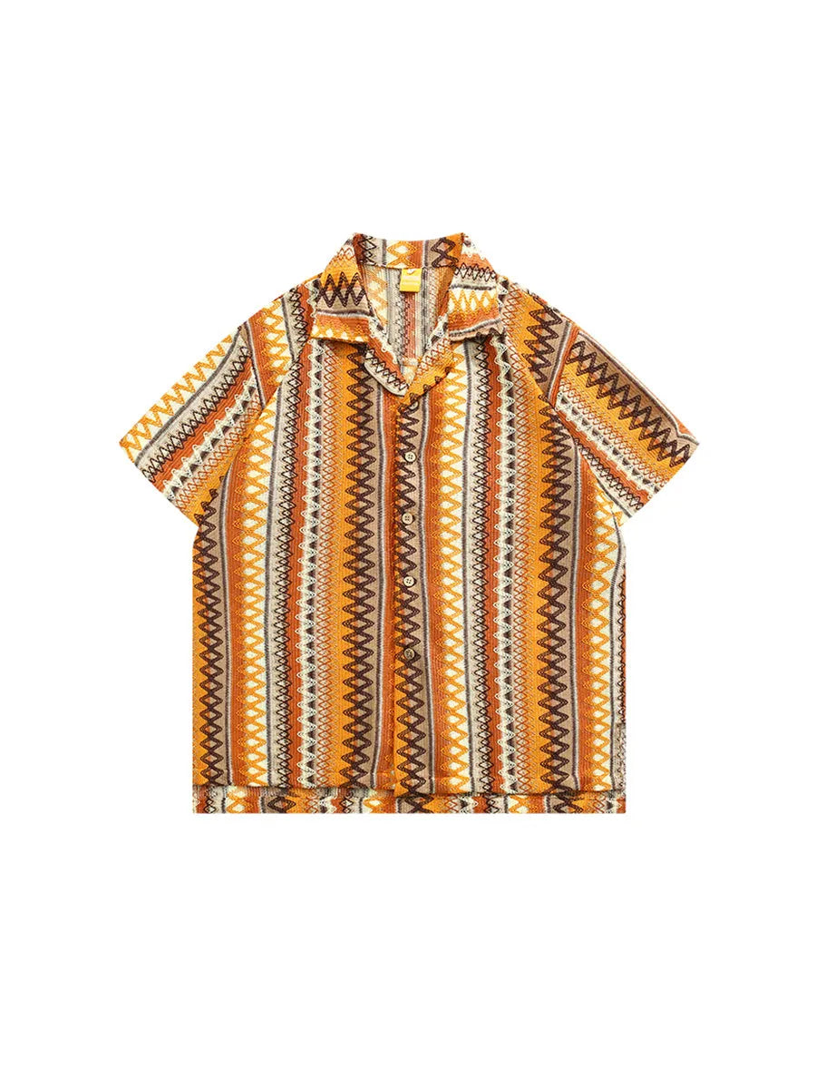 Ethnic style woven shirt with Cuban collar and drop shoulder sleeves in contrast colours