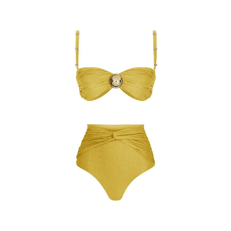 Yellow and green women's high waist split swimsuit bikini set on a mannequin.