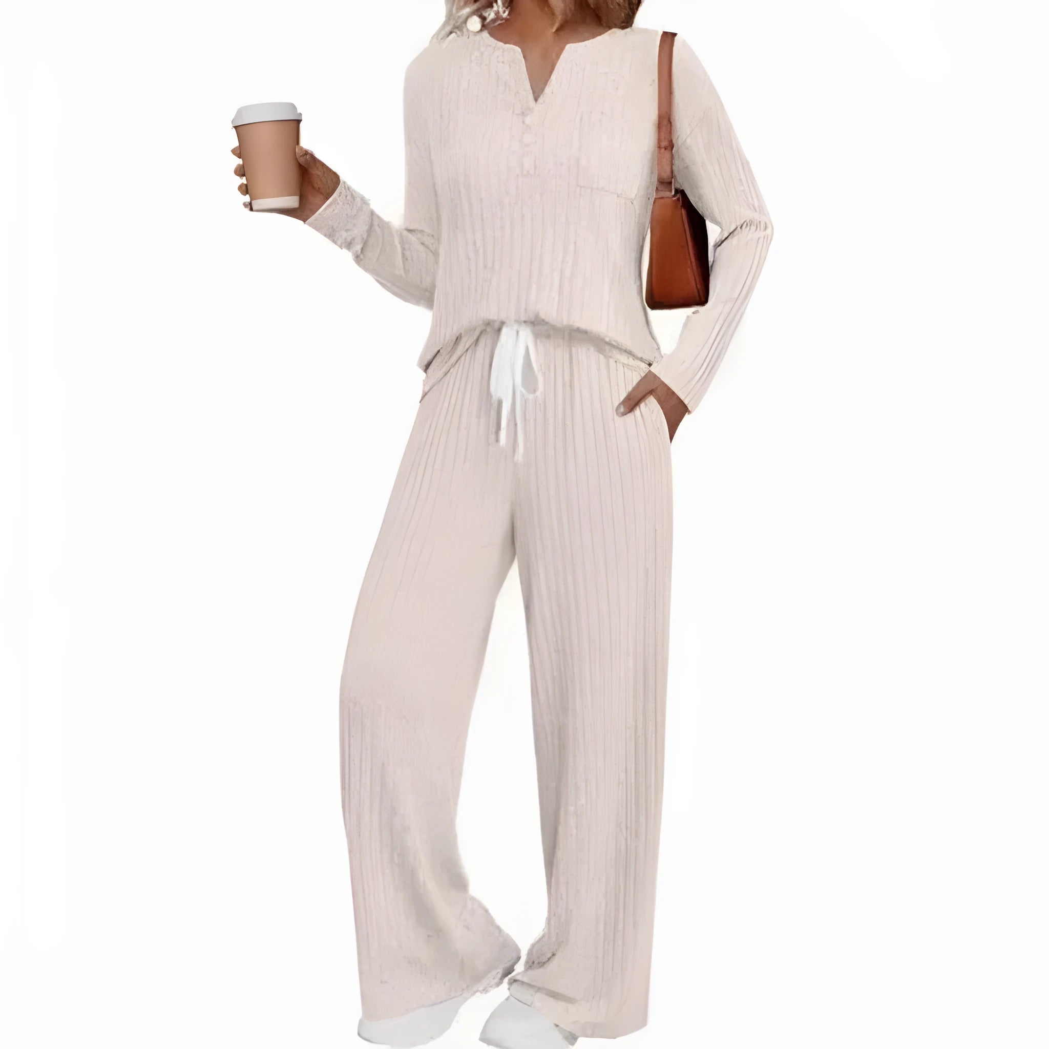 Women's striped knit V-neck long coat in light grey with matching pants, showing lace-up details