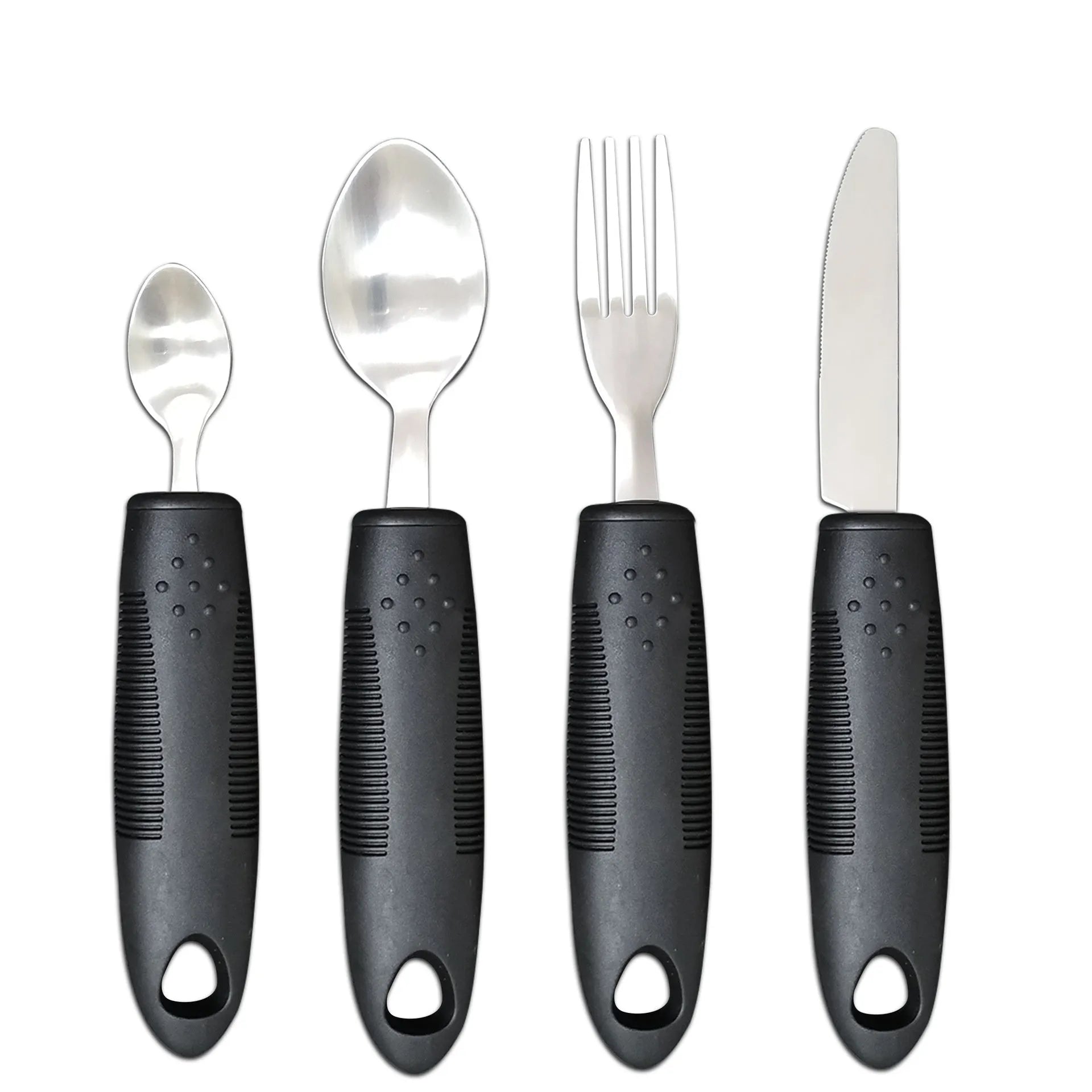 Stainless steel adaptive spoon with black rubber anti-shake handle for elderly food aid.