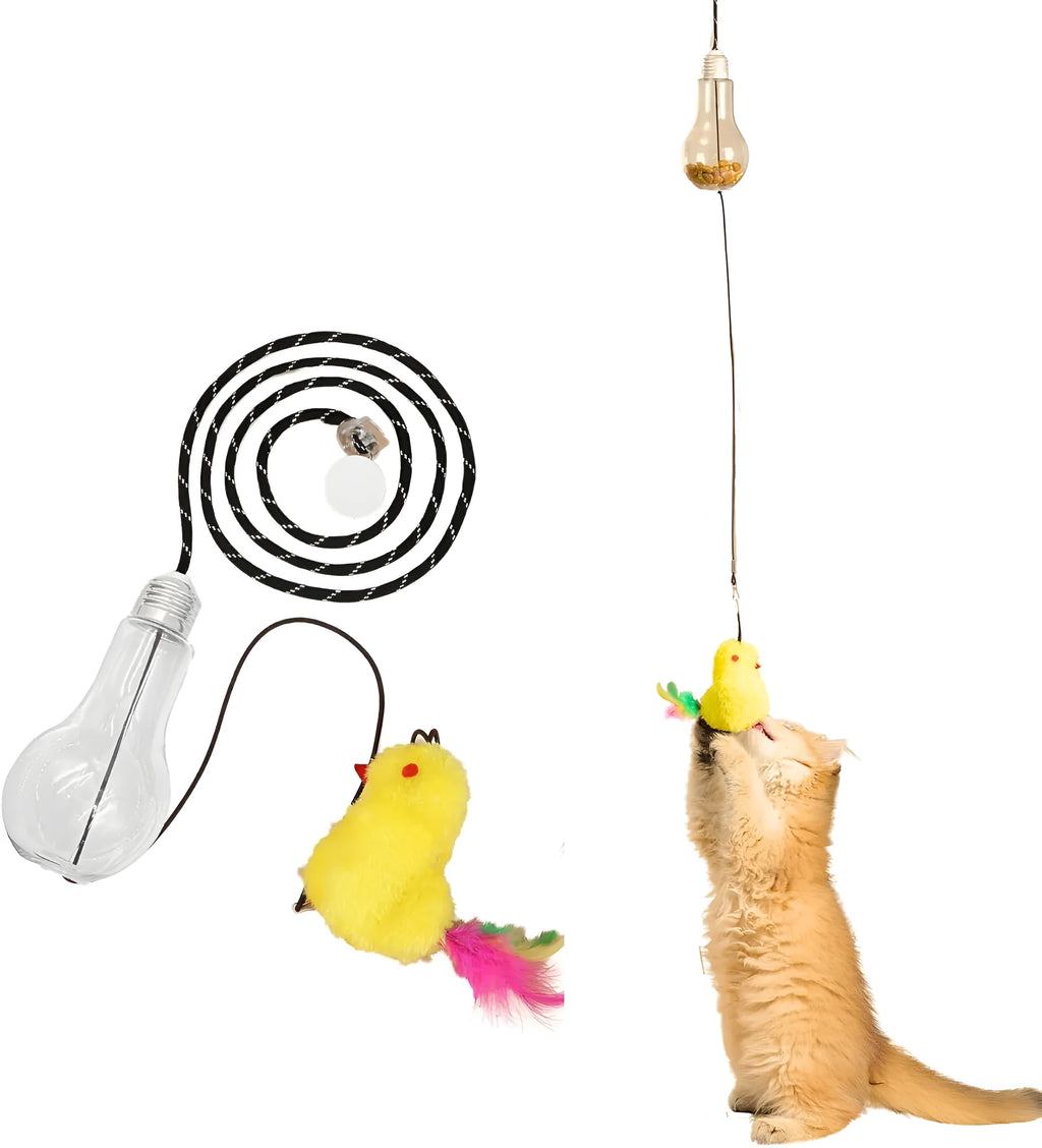 Gray and yellow hanging interactive cat toy with treat dispenser extended on elastic rope
