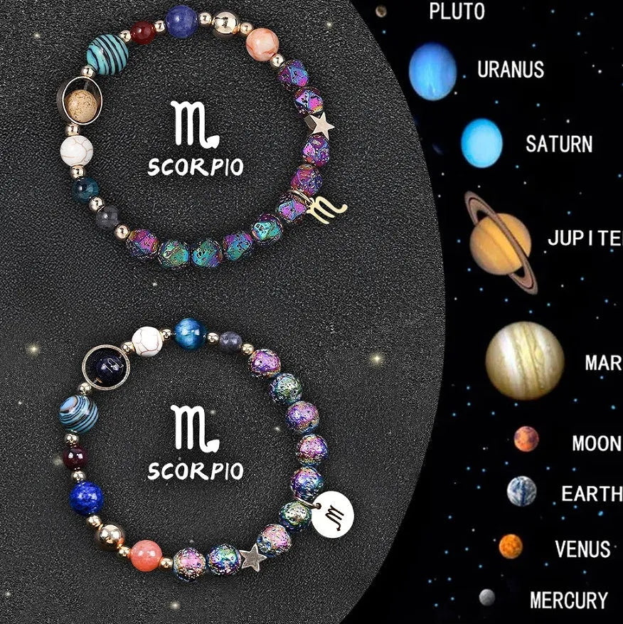 Set of two natural stone beaded bracelets with metal zodiac charms on an elastic cord.