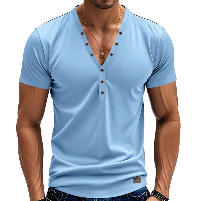Men's loose V-neck pullover with button design in chemical fibre blend fabric
