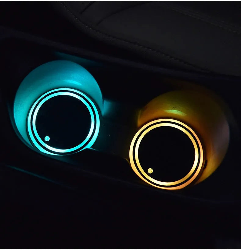 Colourful LED light-up coaster for car cup holder with 7 lighting modes and USB charging cable