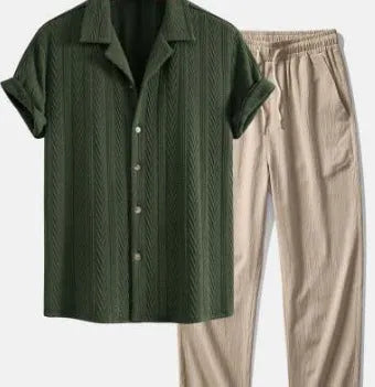Linen polyester casual suit set with digital camouflage print, showing short sleeve shirt and trousers in slim fit