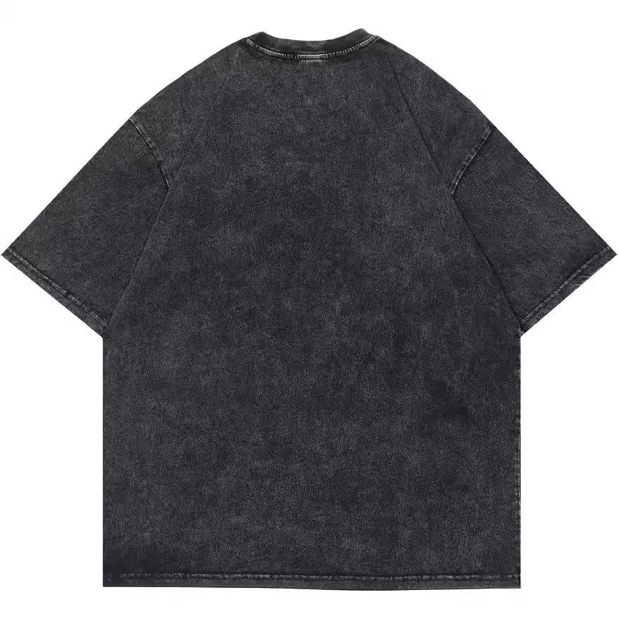 Men's washed black cotton t-shirt with cartoon print, loose street style short sleeve top