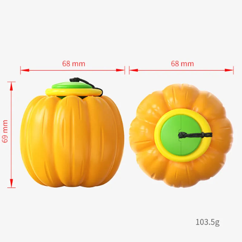 Green, orange, and yellow plastic pumpkin-shaped dog toy with squeaker for small dogs