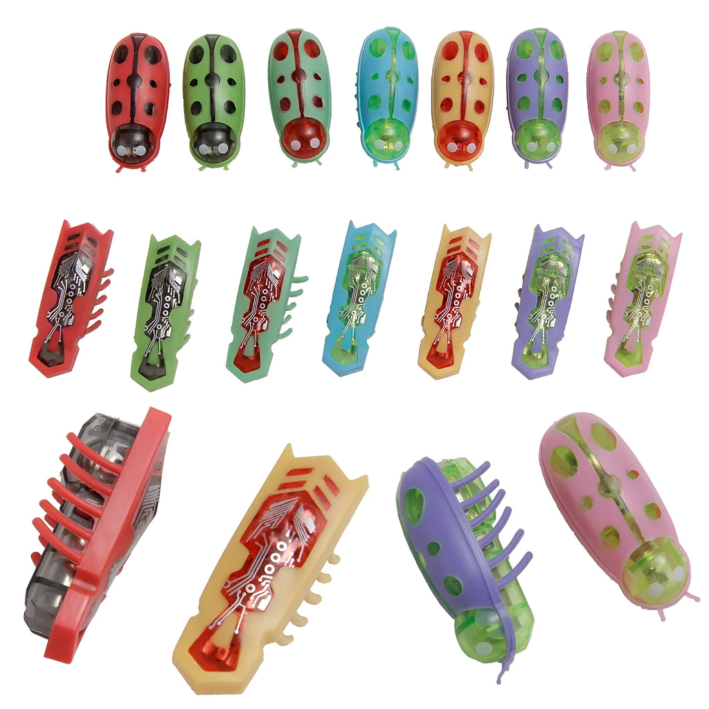 Small red ladybird shaped electric bug toy for cats on a wooden floor.