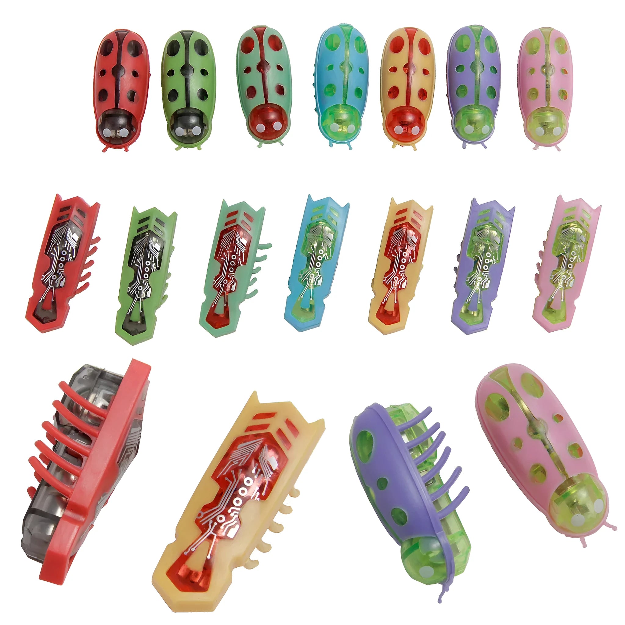 Small red ladybird shaped electric bug toy for cats on a wooden floor.