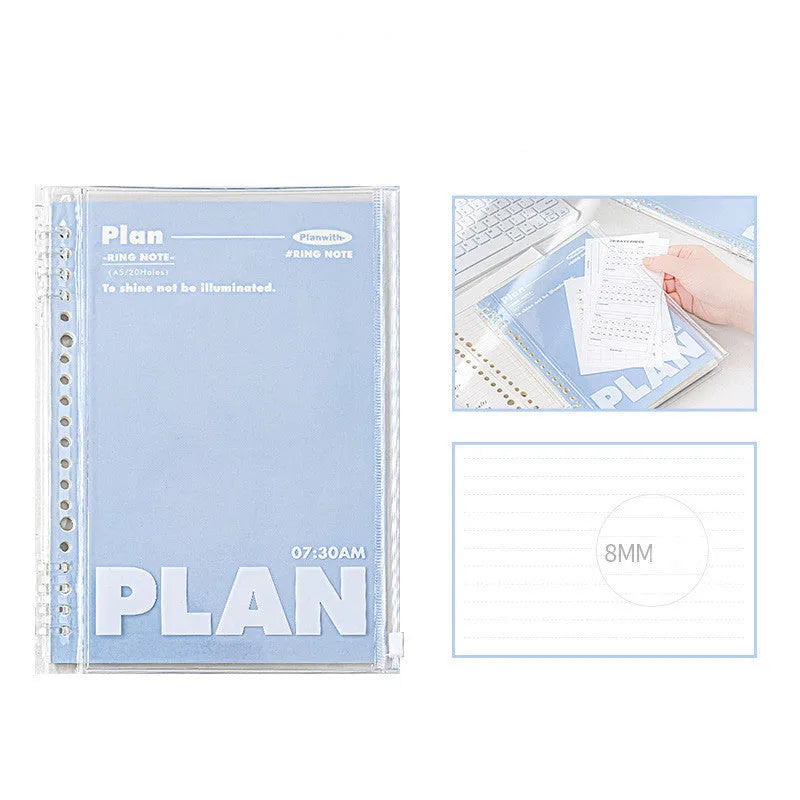 A5 PVC can store spiral notebook in blue or white colour measuring 148x210mm