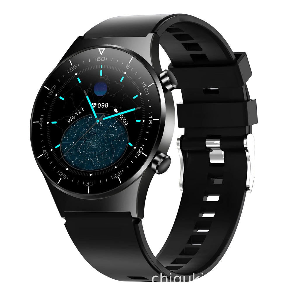 Black smart watch with astronaut bracelet on wrist, showing heart rate reading on 1.28-inch screen.