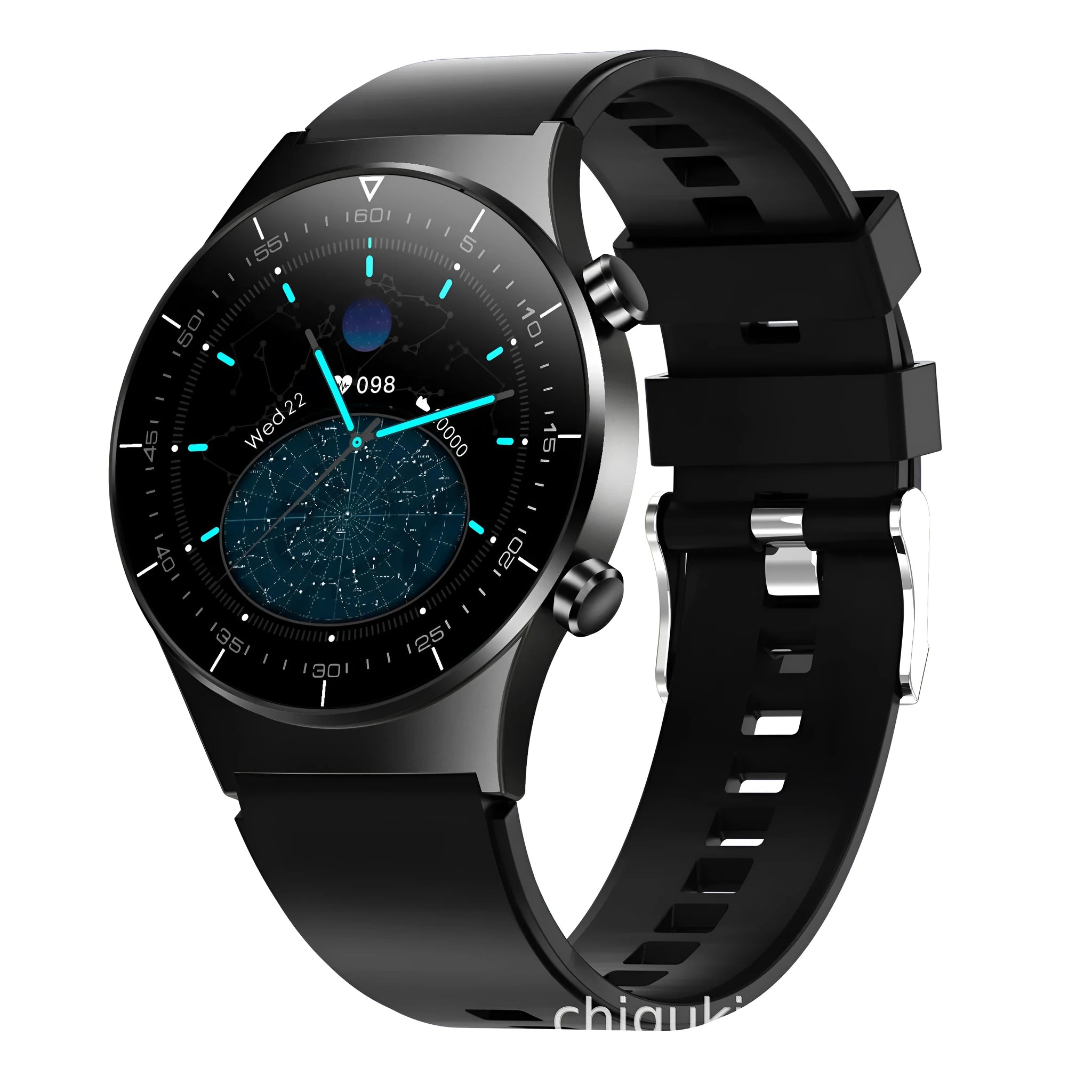 Black smart watch with astronaut bracelet on wrist, showing heart rate reading on 1.28-inch screen.