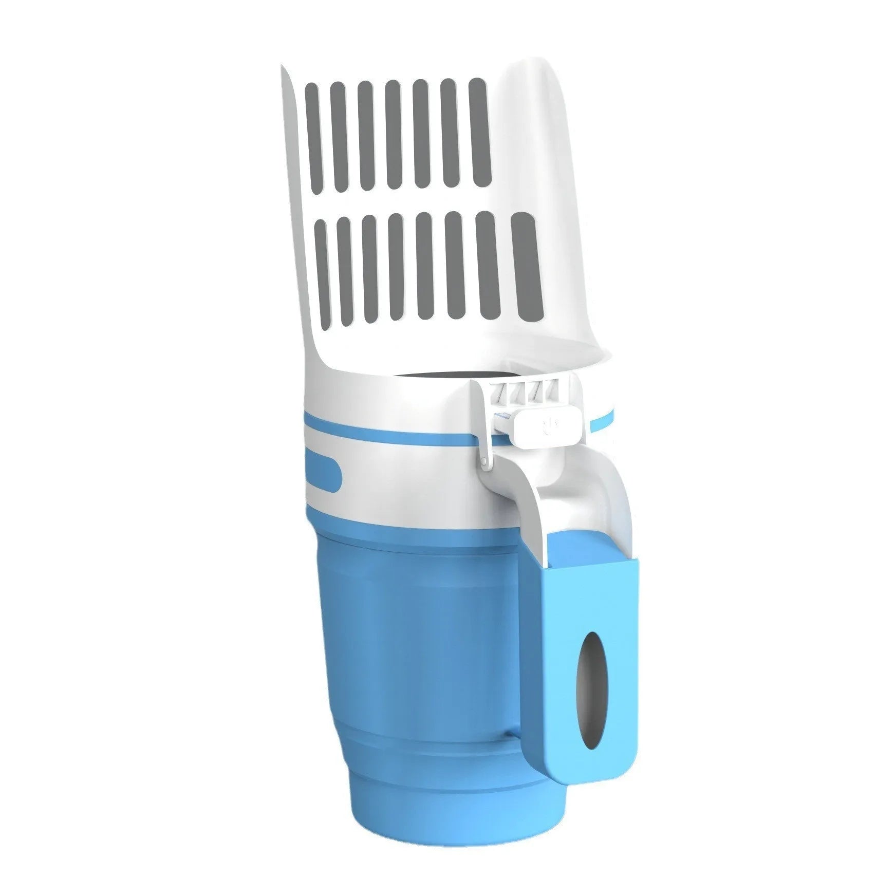 Grey foldable cat litter scoop and bin system with non-slip handle next to a litter box.
