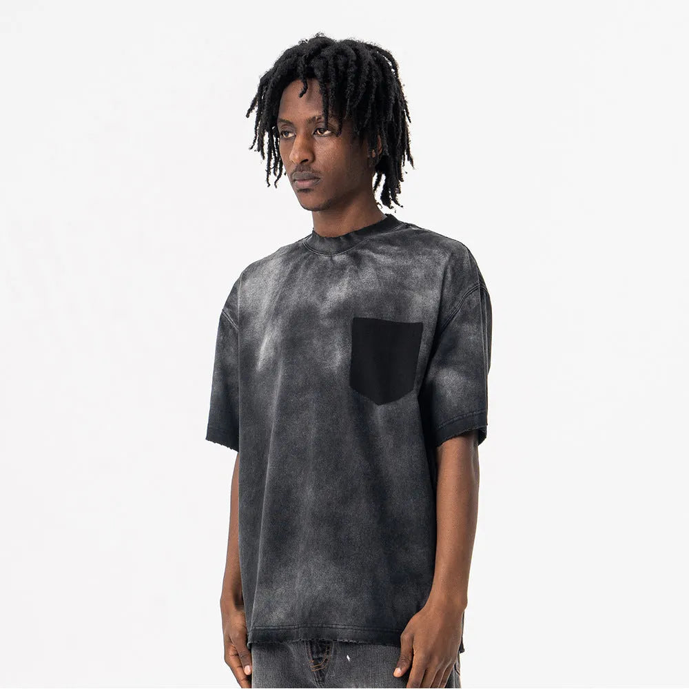 Black men's loose-fit cotton t-shirt with a printed letter design and drop-shoulder short sleeves.