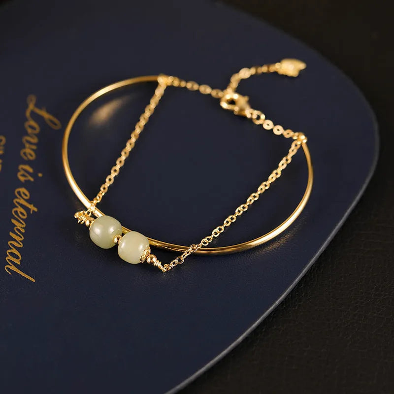 Women's Hetian jade lucky beads bracelet with gold inlay treatment in single, double, and three beads versions