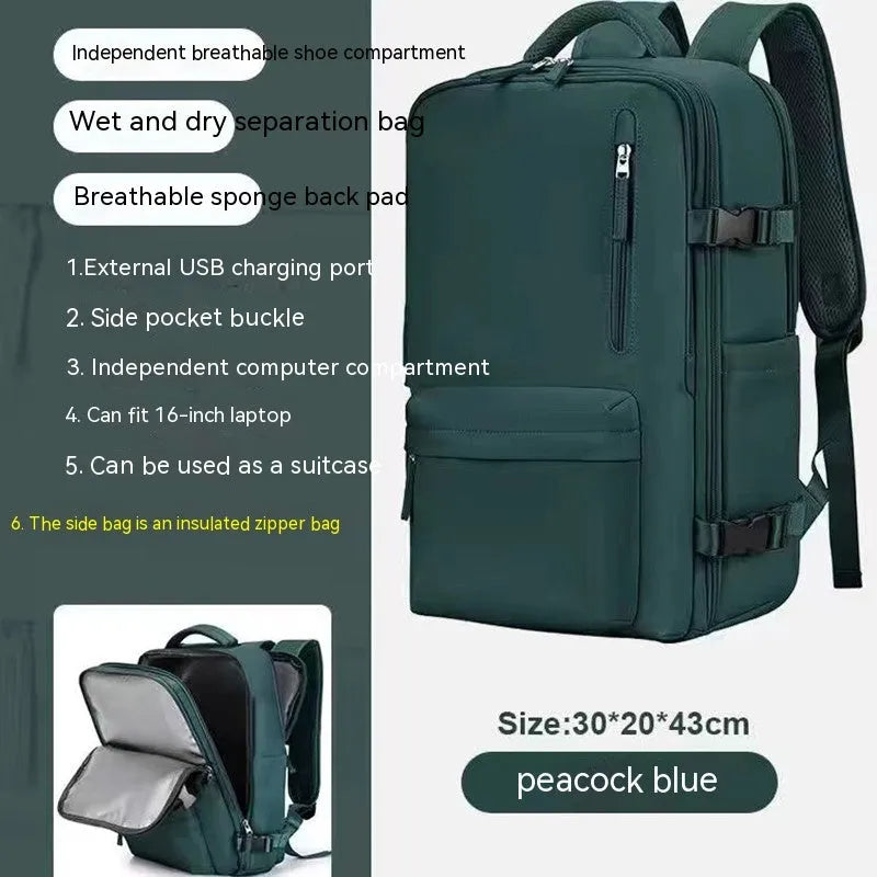 Large black waterproof nylon mummy backpack with zipped compartments.