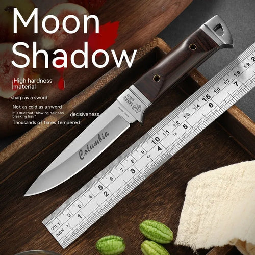 Camping multifunctional portable fruit knife with stainless steel blade in leather case